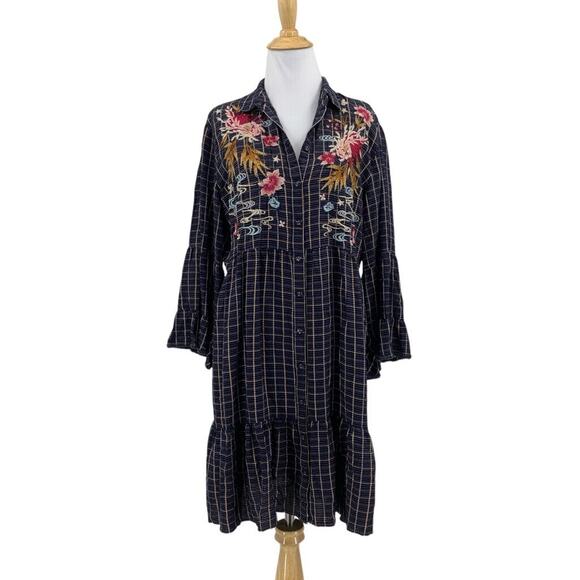 Johnny Was Dress Womens M Medium Multi Plaid Emiko Easy Tiered Embroidered 2 PC